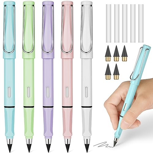 Ainiv 5 lápices sin tinta Eterno, Infinity Pencil con 5 gomas de borrar y 5 cabezales intercambiables intercambiables, lápiz portátil reutilizable para escribir, dibujar, estudiantes, hogar, oficina