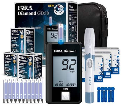 FORA Diamond GD50a Blutzuckermessgerät (mg/dl) mit 160 Blutzuckerteststreifen, und 160 Lanzetten für Diabetes zur Blutzucker-Selbstkontrolle