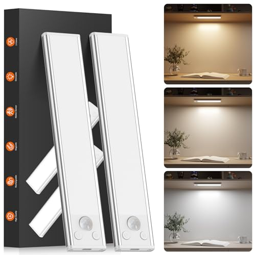 BokiHuk Luce Armadio LED con Sensore 2 Pezzi, 20cm 68 LED Dimmerabile Luce Sottopensile Cucina Led con 3 Colores, USB-C Ricaricabile Luces Notturna Lampada per Camere da Letto, Scale, Corridoio