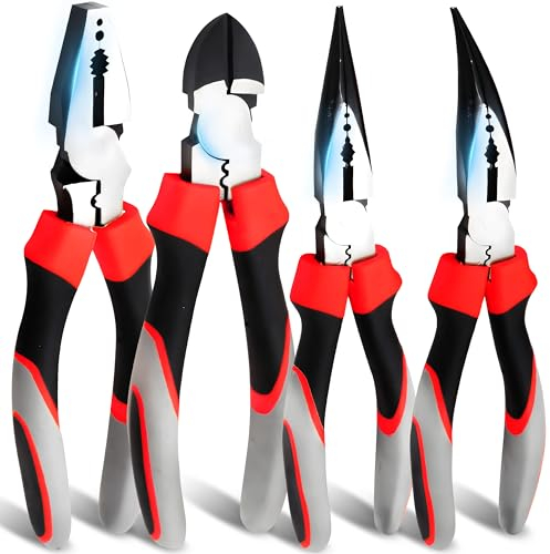 Retoo Juego de alicates, alicates de punta recta, alicates alargados, curvos, alicates alargados, alicates combinados de 185-250 mm, 4 piezas para bricolaje y profesionales, juego de alicates de
