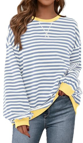 PRETTYGARDEN Womens Striped Oversized Sweatshirt Color Block Crew Neck Long Sleeve Casual Loose Pullover Top Y2K Clothes (Blue Beige, Medium)