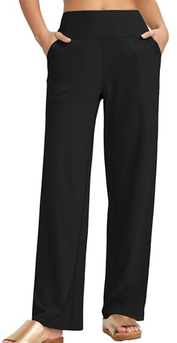 Timuspo Yogabyxor, hög midja, joggingbyxor, sportbyxor med 2 fickor, byxor, raka breda ben, bekväma fritidsbyxor, breda elastiska midjeband, sweatbyxor, träningsbyxor