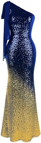 Angel-fashions Robe Longue de Bal Sirène à Sequins Dégradés avec Ruban Asymétrique pour Femme en Bleu Royal et Or