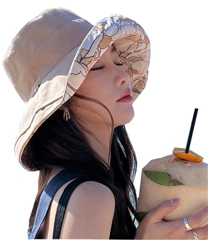 baizhong Chapeau Cloche réversible pour Femme, Chapeau de Plage, Casquette de Voyage Pliable, avec Corde Coupe-Vent pour Voyage Vacances (FR/ES, Alpha/Lettres, Taille Unique, Kaki)