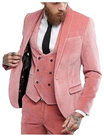 Completo da uomo in velluto da 3 pezzi, blazer in velluto, con un bottone, slim fit, lussuoso, giacca e pantaloni, rosa, 64