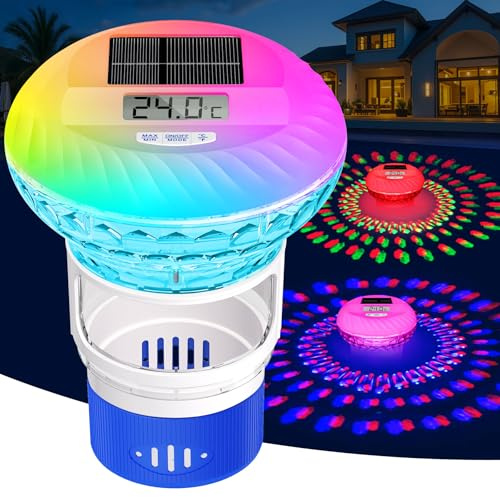 KingSom Dosificador Flotante con Termómetro Digital,Dispensador Cloro Piscina con Luces de Colores,Botón Control Dispensador Cloro Flotante para Piscina,Desbloqueo Ajustable Flotador Dosificador