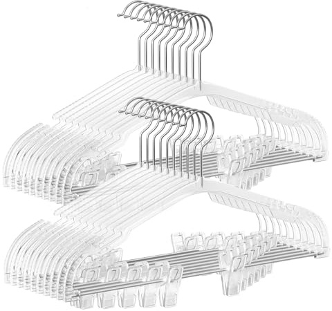 SONGMICS Grucce Appendiabiti per Pantaloni, Set di 30 Grucce in Plastica Trasparente, 40,6 x 22,5 cm, Pinze Regolabili, Ampie Tacche per le Spalle, Gancio Girevole a 360°,Trasparente CRP075W01