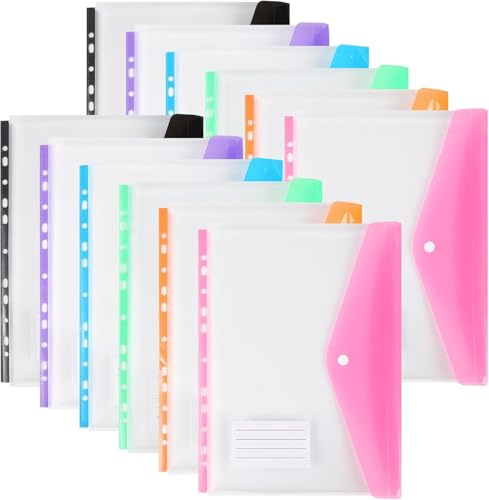 Lot de 12 pochettes en plastique A4 avec poches perforées, dossiers extensibles à 11 trous pour classeur à 2/3/4 anneaux avec bouton à pression et étiquette, transparents pour feuilles détachables