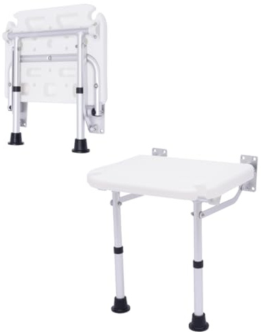 Duschpall, vikbar duschstol med stödfötter, väggmontering, justerbar höjd, sitsens storlek 40 × 32 cm, maximal lastkapacitet 100 kg för äldre barn, vit