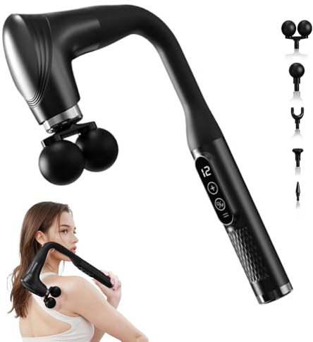 WRQIOO - Pistola de masaje con mango extendido, pistola de masaje de espalda, 5 cabezas, 12 ajustes de fuerza, cuerpo, para cuello, hombros, piernas, para aliviar dolores y rigidez muscular