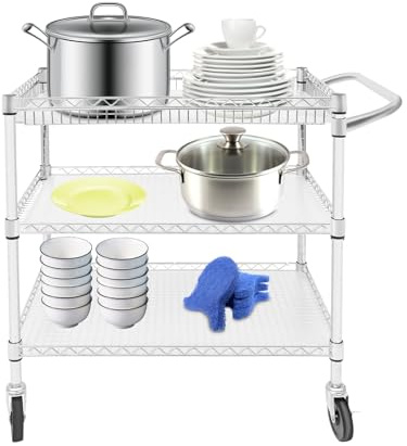 HIKUUER Carrito de cocina de acero inoxidable de 3 niveles, 76 x 46 x 82,6 cm, carro de cocina, hasta 150 kg, carro de limpieza con ruedas