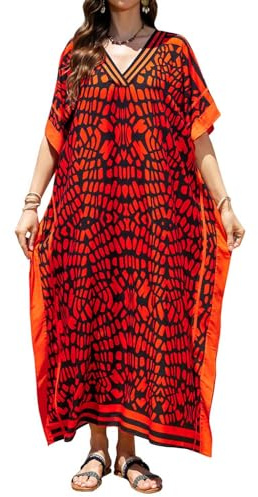 Orshoy Womens Kaftan Full Length Beach Bikini Coverups Bathing Suit Maxi Kimono Tunic Sleepwear Nightdress Free Size Red Black