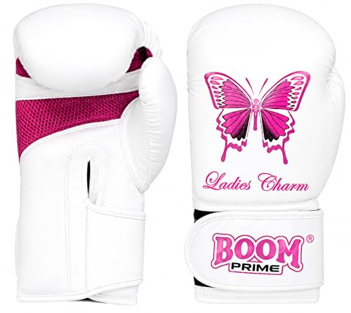BOOM Prime Women’s Boxing Gloves – Rex Leather, 8oz 10oz 12oz – Kickboxing, MMA, Muay Thai, Punch Bag, Sparring & Training Gloves for Ladies (White, 12oz)