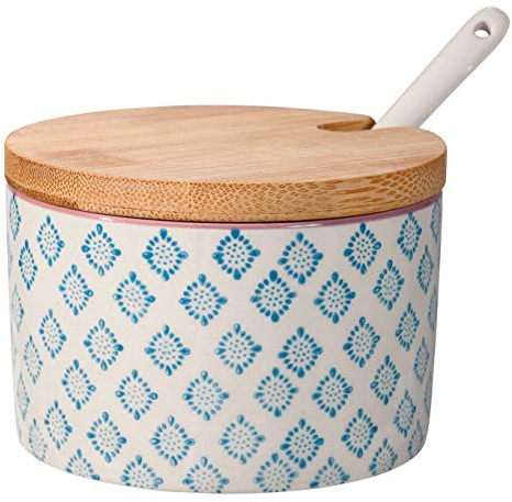 Bloomingville Salztopf mit Deckel und Löffel Patrizia Retro Zuckerdose Vintage Topf für Marmelade Ø 10 cm, blau, Keramik, fasst ca. 250 ml