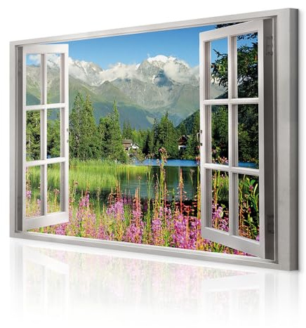decomonkey Tableau Fenêtre sur Montagnes 120x80 cm - Impression sur Toile avec Cadre en Bois, Paysage Nature et Vue Panoramique Moderne, Décoration Murale pour Salon Bureau