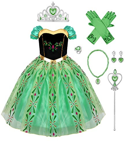 IBAKOM Enfant Fille Anna Déguisement Princesse Costume Robe Carnaval Halloween Cosplay Noël Anniversaire Cérémonie Tenue Festival Longue Tulle Robes Accessoires Vert 2 5-6 Ans