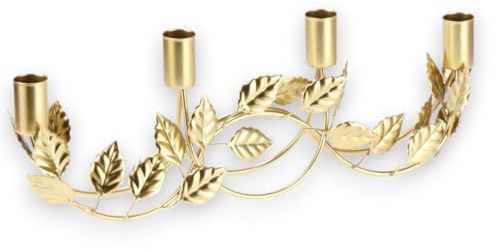 KORAT Portacandele Decorativo in Ferro Dorato con Foglie Candelabro Elegante da Tavolo a 3/4 Bracci Design Moderno e Raffinato in Metallo Oro per Decorazioni Natalizie (4 Posti - 37x5x12 cm)