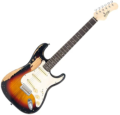 Rocktile Vinstage ST-BBSB E-Gitarre - Relic-Gitarre in Aged-Style - Korpus: Esche - Hals: Ahorn - Griffbrett: Lorbeer - 3x Single Coil Pickup - Vintage-Hardware - Sunburst