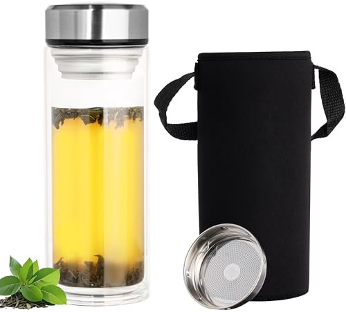 BELLE VOUS Double-Wall Glass Tea Infuser Bottle - 900ml Borosilicate Water Bottle with Strainer & Cover - Travel Tumbler for Hot/Cold Brew Loose Leaf Tea