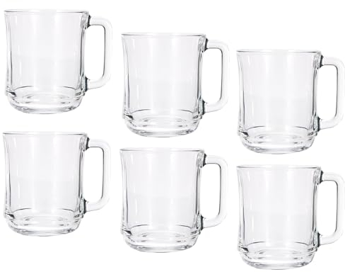 Genérico Juego de 6 Vasos de Vidrio Templado con Asa - 310 ml | Elegante y Resistente - Set completo de Cafe, Te, bebidas calientes o frias | Set de 6 tazas de Cristal templado (Transparente)