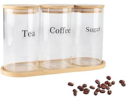 Xbopetda Juego de botes de té, café y azúcar, tarros de vidrio con tapas, herméticos para té, café, azúcar con bandeja de madera, contenedor de almacenamiento de alimentos para organización y