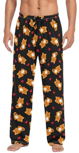 JHKKU Herrpyjamasbyxor mjuka bekväma söta katter hjärta sömn loungebyxor pyjamasbyxor med fickor