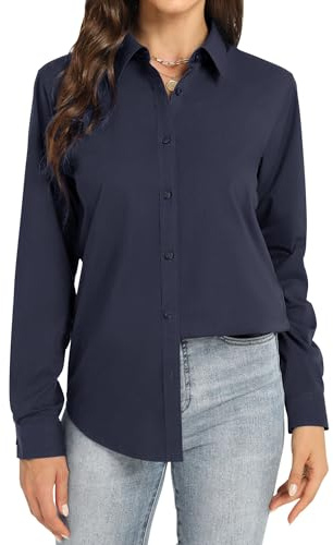 J.VER Womens Blouse Button Down Shirt Long Sleeve Stretch Formal Fitted Business Casual Fashion Office Work Shirts for Ladies Navy M