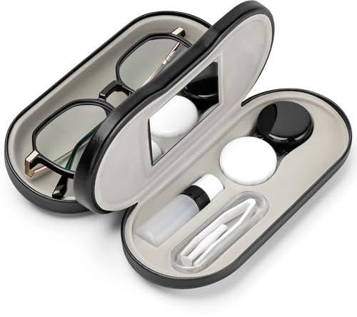 Milifox 2 in 1 Glasses and Contact Lens Cases,Double Sided Portable Eyeglasses Case with Built in Mirror Tweezer Remover and Contact Lens Solution Bottle Storage Kit for Travel Outdoors Daily Use