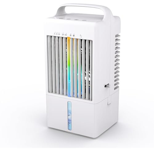 GWFBLID Aire Acondicionado Portatil Mini Aire Acondicionado Portatil Silencioso 4 en1 Climatizador Evaporativo Enfriador de Aire 3 Velocidades 2 Modos de Pulverización LED de 7 Colores para Oficina