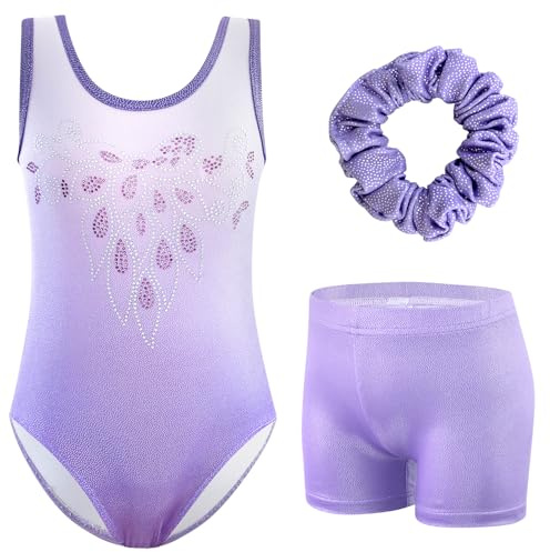 XiaoMoSha Girls Three-Piece Gymnastics Set Sleeveless Girls Leotards with Shorts and Hairband Sparkly Glitter Gradient Color Dance Ballet Unitards Gymnastics Outfits, PinkDiamond, 7-8 Years