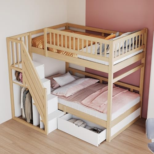 Dolamaní Letto a castello per 2 bambini, con scaletta, armadietti e protezioni anticaduta, 90 x 200 cm, per la cameretta di bambini, ragazze e ragazzi, legno naturale e bianco