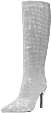 Stivali da Donna con Strass Glitterati al Ginocchio - Stivali con Tacco a Stiletto a metà Polpaccio da Indossare per Matrimoni, Ufficio, Festival,Argento,38 EU
