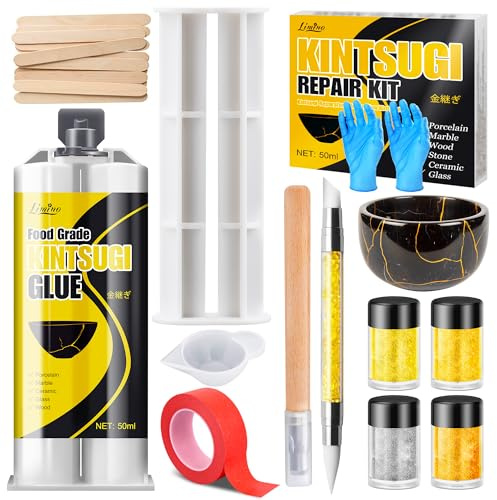 Kit di Riparazione Kintsugi – Colla Alimentare Oro & Argento per Riparazione Ceramica e Porcellana, Resina per Ciotole, Piatti, Vasi, Giada, Regali Significativi per Appassionati di DIY Artistico