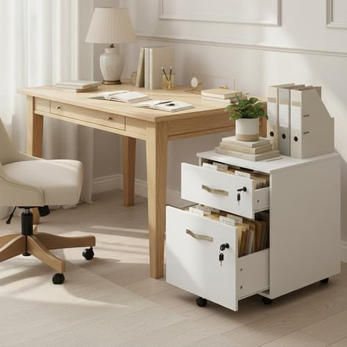 buybyroom Filing Cabinet, Lockable Mobile File Cabinet with 2 Drawers and 5 Wheels, Storage Drawers Office Cupboard Printer Stand For Home Office Under Desk, Metal Hanging Rail for A4 Letter, White