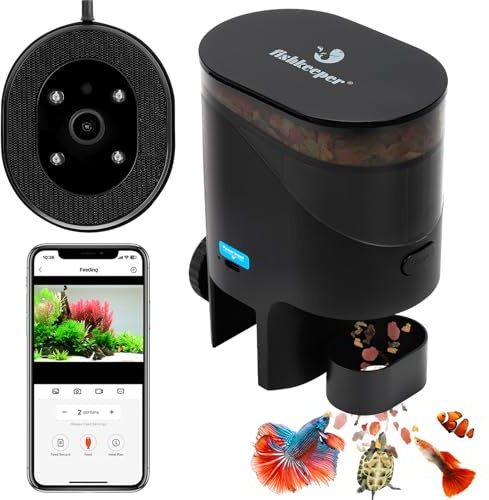 fishkeeper WiFi automatisk automatisk utfodrare akvarium med HD-kamera och app | App-styrning programmerbar fiskfoder automat med timer, 230 ml foderdispenser för flingor, sköldpaddor, wifi (2,4/5 GHz)