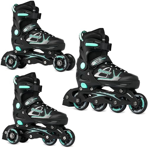 RAVEN 3in1 Inline Skates Pattini in linea Triskates Pattini a rotelle per bambini e adulti regolabili (Spirit Black/Mint, 37-40 (23,5-26cm))