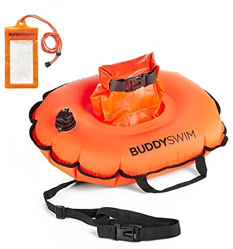 BUDDYSWIM Open Water Swimming Hydration Safety Buoy with Accessible Central Compartment Includes Waterproof Mobile Phone Case. Orange.