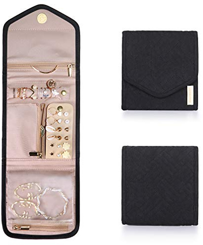 BAGSMART Travel Jewelry Organizer Case Foldable Jewelry Roll for Journey Rings, Necklaces, Earrings, Bracelets, Mini, Black