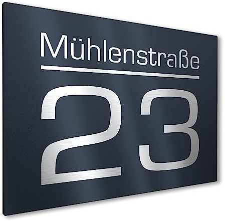Graviers Design Modernes Hausnummernschild mit Gravur aus Aluminium Verbindungsplatte 160x110mm - Anthrazit RAL 7016 - Wetterfest Rostfrei Individuell anpassbar Straße Nummer - Made in Germany