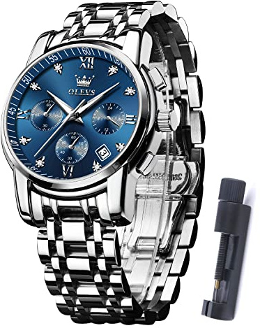 OLEVS Mens Watches Dress Designer Diamond Analog Quartz Stainless Steel Silver Waterproof Metal Date Chronograph Roman Numerals Gent Wrist Watch