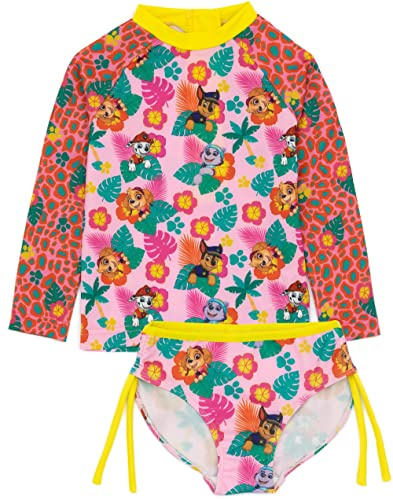 Paw Patrol Swimsuit for Girls | Toddler Children 2 Piece Long Sleeve T-Shirt Bikini Bottoms Pink Animal Print Swim Costume | Skye Marshall Everest
