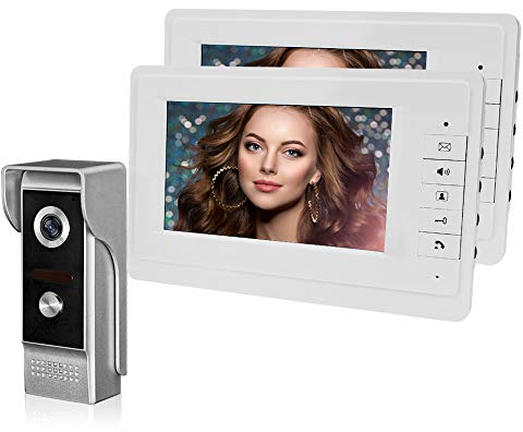 QttyElok Sonnette Vidéo 7 Pouces 2 Moniteurs Filaires Interphone Vidéo + Caméra de Vision Nocturne 700TVL pour la Maison/Appartements