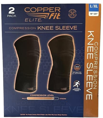 Copper Fit Elite Knee Compression Sleeve Knee Brace 2-Pack, Black (Large/X-Large, 16''-20''),2.0 Count