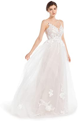 Sorayan Women's Wedding Dresses Appliques Boho Beach Sexy Spaghetti Straps Lace Bridal Gowns Open Back (6,Photo Color)