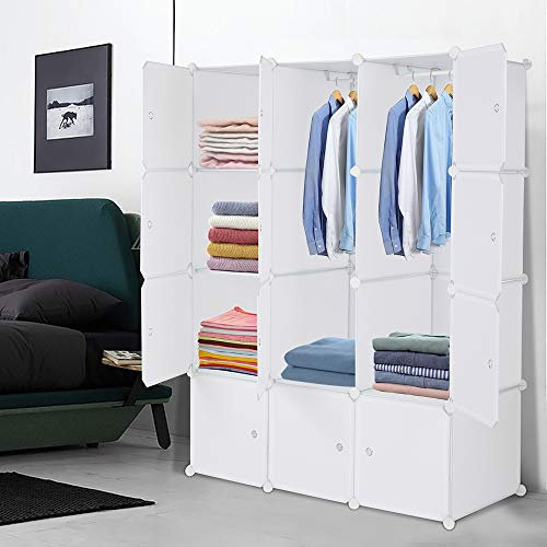 TactFire Armoire Penderie Modulable, 12 Cubes, Armoire Chambre, Étagère de Rangement avec Portes, pour Le Stockage de vêtements, Jouets, etc. 105 x 45 x 140 cm, Blanc