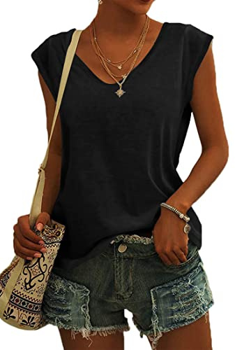 NARRAME T-Shirt à Manches Courtes pour Femme - Débardeur d'été - Haut Ample - Col en V Uni Noir XX-Large 2XL 50-52