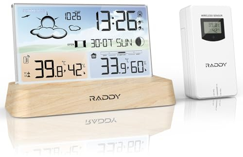 Raddy DT6 Station météo sans Fil avec horloge radio-pilotée DCF, écran couleur numérique pour, thermomètre hygromètre, station météo pour la maison avec prévisions météo et baromètre