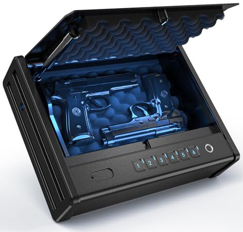 Dveron biometric Gun Safe for Handgun, Quick Access Fingerprint ≤0.1s Pistol Safe, Gun Lock Box Gun for Cloakroom Bedroom Nightstand and Car, Black Safe Box, Carbon Steel Construction