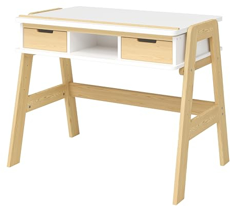 Bellabino Campo Kinderschreibtisch höhenverstellbar 56-75 cm – Schreibtisch Kinder ab 6 Jahren mit neigbarer Tischplatte & 2 Schubladen – Schülerschreibtisch mit viel Stauraum aus Massivholz in Weiß