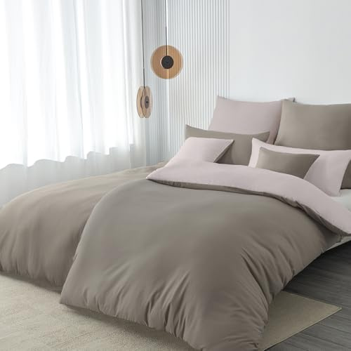 Nesture Bettwäsche 135x200 4teilig Taupe/Beige Bettwäsche Sets Microfaser Wendebettwäsche 135 x 200 4tlg, weich & bügelfrei Bettbezug 2er + Kissenbezug 2er 80x80cm mit Reißverschluss
